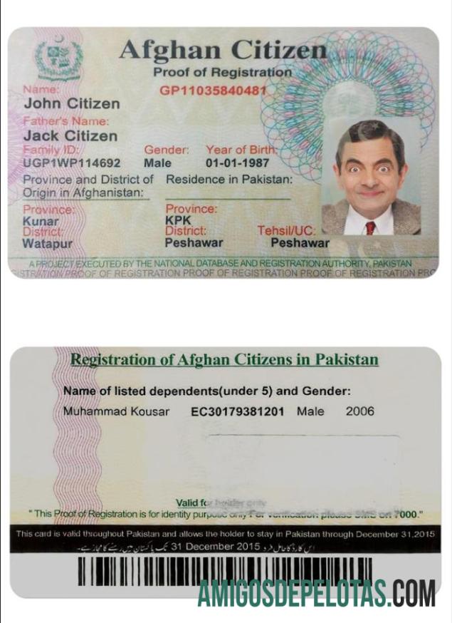 Cartão de registro de cidadão do AFEGANISTÃO PSD exemplo